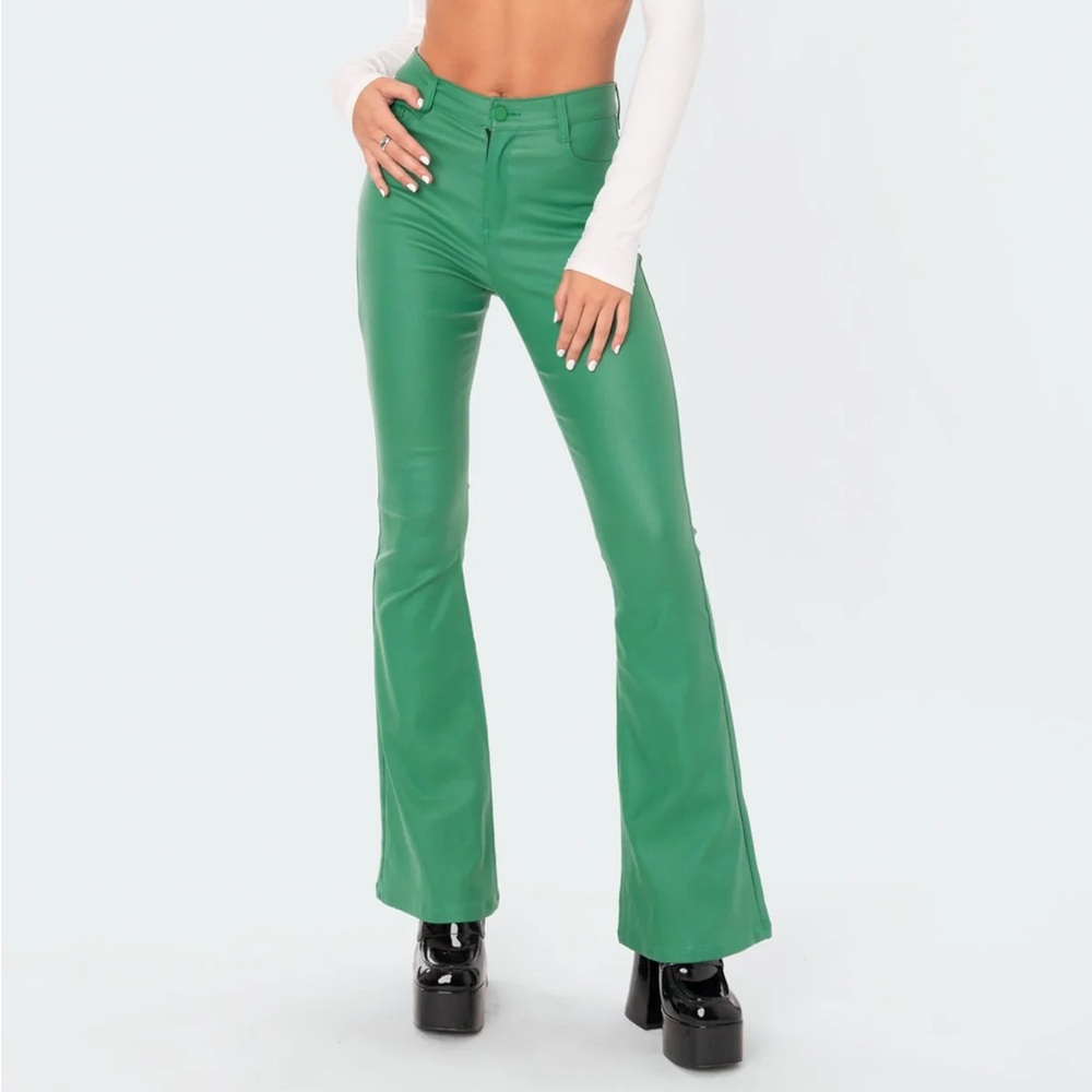 Edikted Luna Faux Leather Flare Pants in green